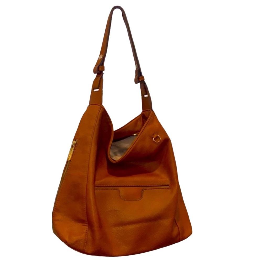GUSSAC Italian Vegan Leather Large Handbag w Cognac Color w Gold Zipper Detail